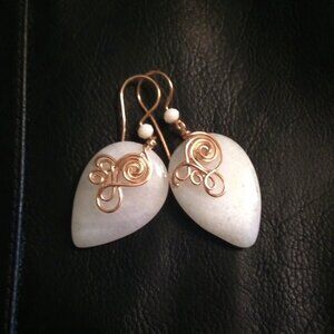 Southwestern Femme! Copper Wrapped White Stone Teardrop Earrings Handmade + OOAK